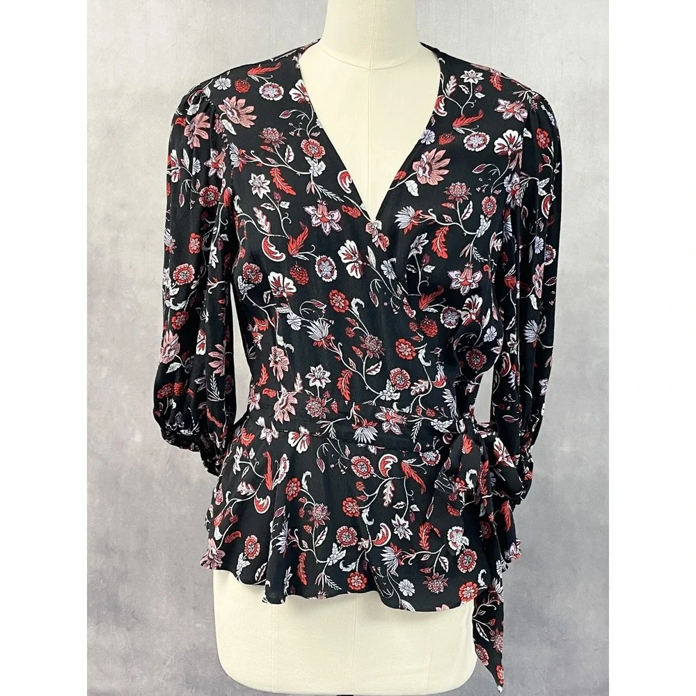 Banana Republic Womens Floral Wrap Top Size M Peplum Flowy Boho Romantic Cottage
